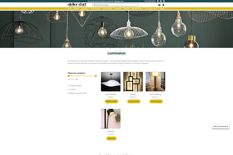 Page boutique du site Atelier d'Art - Kyōru Agence web créative